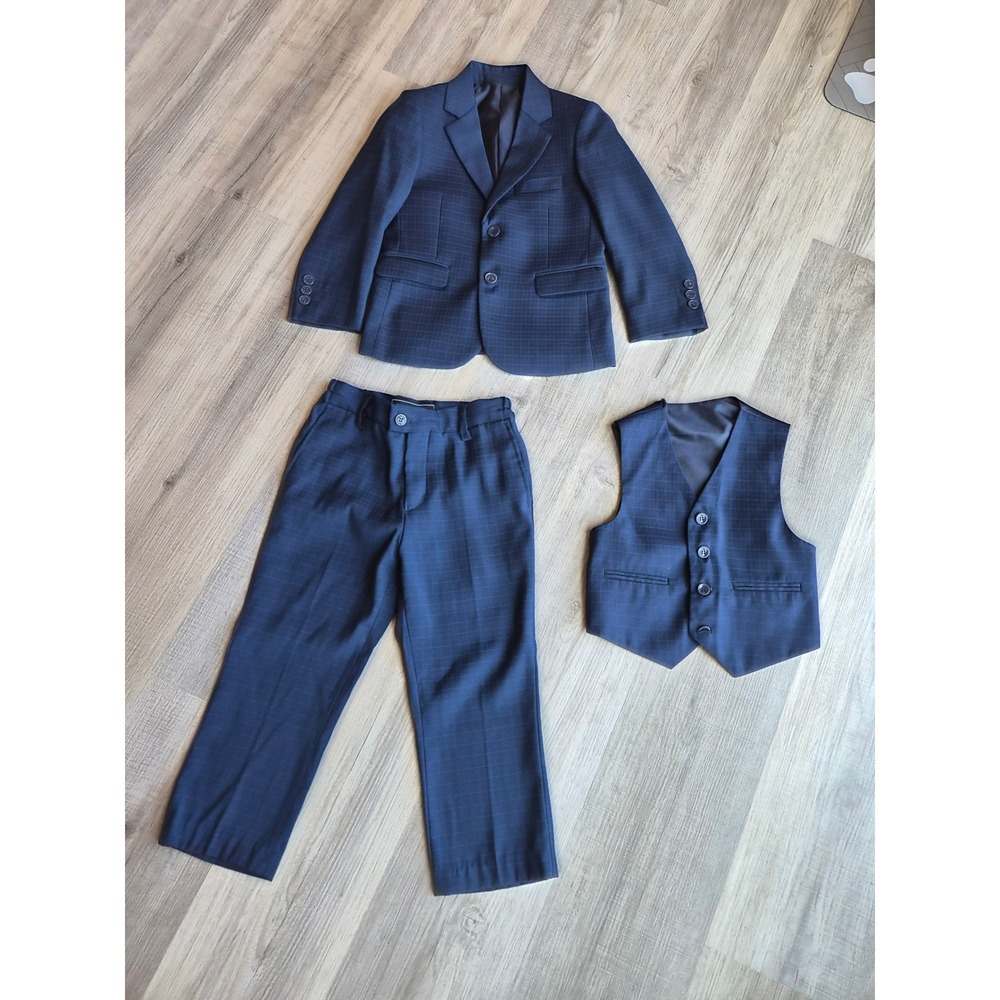 Andrew Fezza Boys Navy Blue Windowpane Plaid 3 Piece Suit Set Size 4